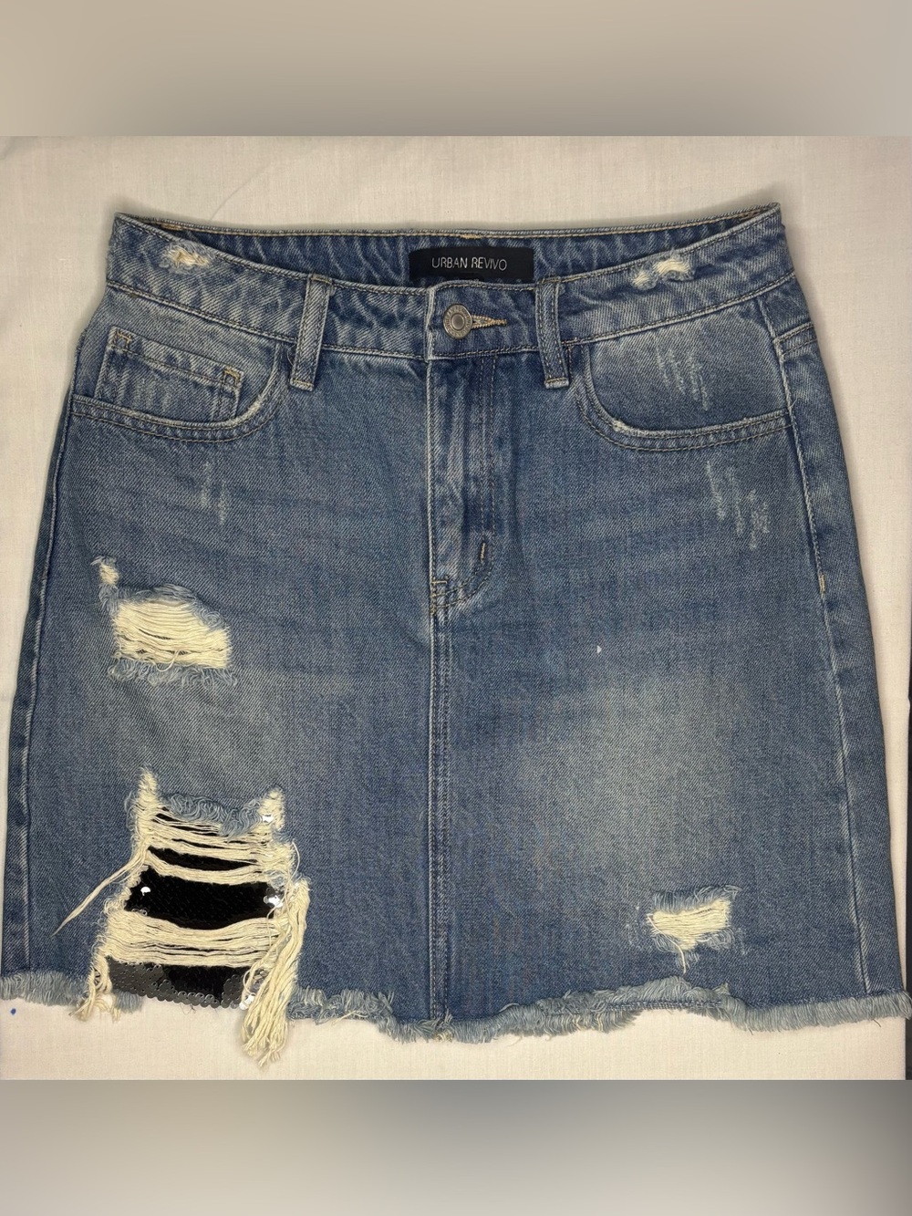 Distressed Denim A-Line Skirt - Blue